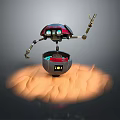 3D Robot Character with Metallic Structure Glowing Eyes and Mechanical Arms on Sandy Base 3d model