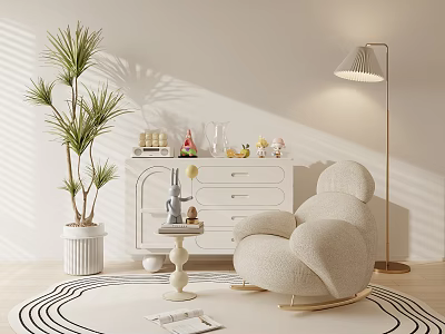 Cozy Accent Chair In Sunlit Living Room With Palm Plant Floor Lamp And Patterned Rug 3d model
