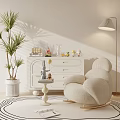 Leisure Chair Lazy Sofa Side Tables Low Cabinet Floor Lamp Cream Style 3d model