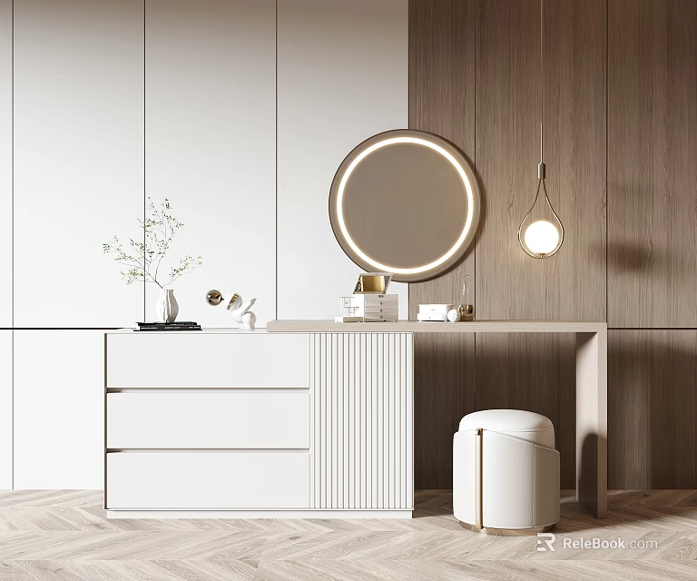 Modern White Dressing Table With Round Mirror Wooden Wall And Stool Decor 3d model 