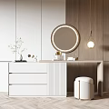 Modern White Dressing Table With Round Mirror Wooden Wall And Stool Decor
