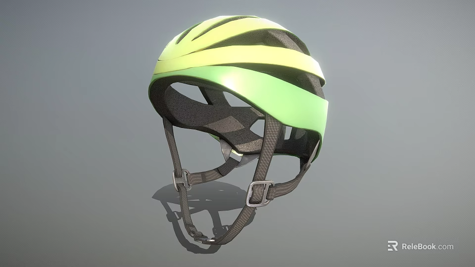 Green And Yellow Striped Modern Sports Helmet With Black Straps And Inner Padding 3d model 