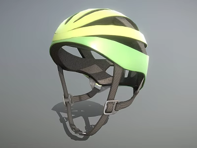 Green And Yellow Striped Modern Sports Helmet With Black Straps And Inner Padding 3d model