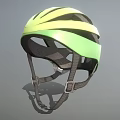 Green And Yellow Striped Modern Sports Helmet With Black Straps And Inner Padding