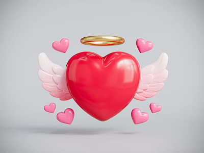 Red Heart Shaped Inflatable With White Wings Halo And Small Pink Hearts 3d model
