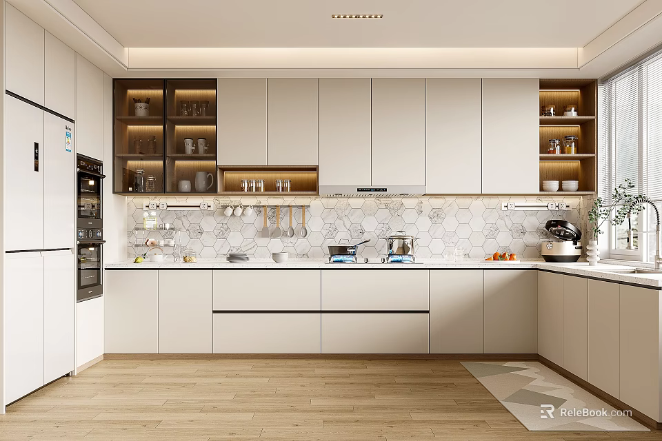 Modern Kitchen Interior With White Cabinets Countertop Backsplash And Wooden Flooring 3d model 