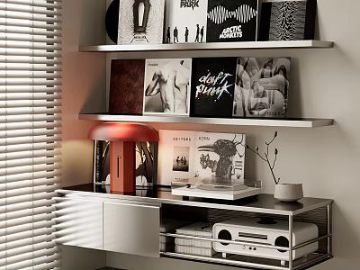 Modern Wall Mounted Bookshelf With Books Lamp Decorative Items And Small Plant 3d model