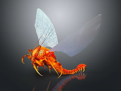 Detailed Insect Sculpture With Transparent Wings Orange Red Body And Glowing Effect 3d model