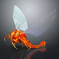Detailed Insect Sculpture With Transparent Wings Orange Red Body And Glowing Effect