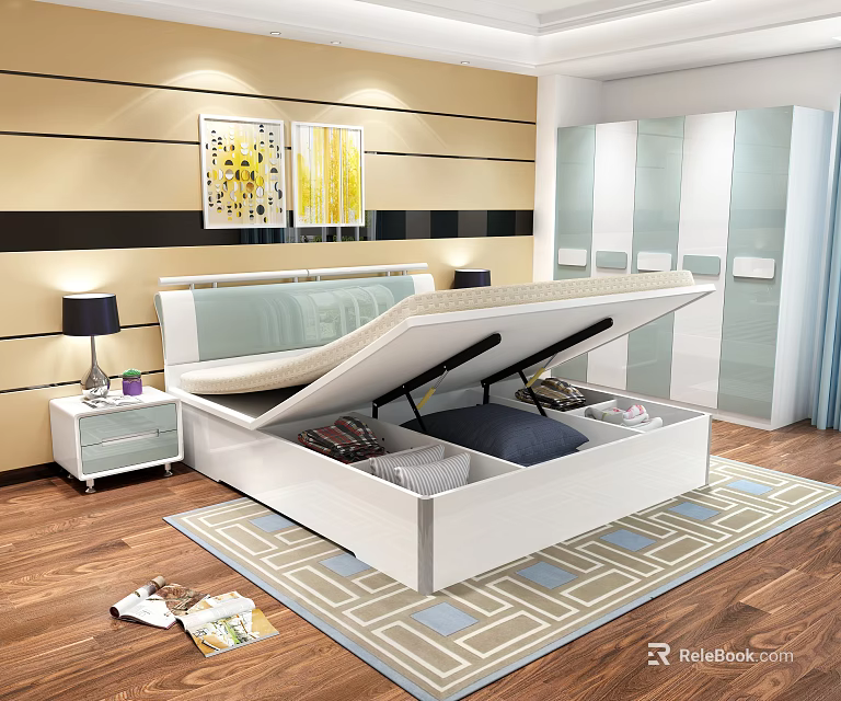 White Storage Double Bed With Nightstand Lamp Wall Art Rug And Wooden Floor 3d model 