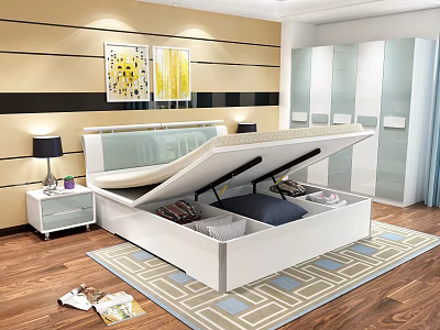 White Storage Double Bed With Nightstand Lamp Wall Art Rug And Wooden Floor 3d model