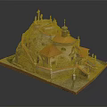 Cartoon Scenery of Detailed Castle Like Building With Red Roofs Dome Statues And Stone Stairs