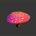 Vibrant Pink Mushroom with White Spots and Wooden Stem on Dark Shiny Background