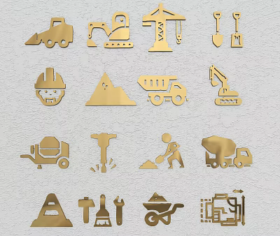 Gold Construction Worksite Signage With Machinery Tools And Safety Icons 3d model