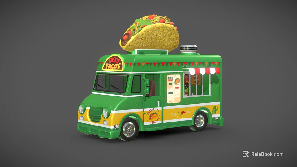 Green Taco Truck with Large Taco on Top TACO Sign and Decorative Patterns 3d model 