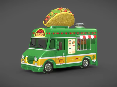 Green Taco Truck with Large Taco on Top TACO Sign and Decorative Patterns 3d model