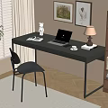 Modern Desk With Wooden Top Metal Frame Chair Table Lamp Books And Decorative Items
