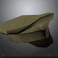 Khaki Corduroy Military Style Cap With Brown Leather Brim And Round Red Badge