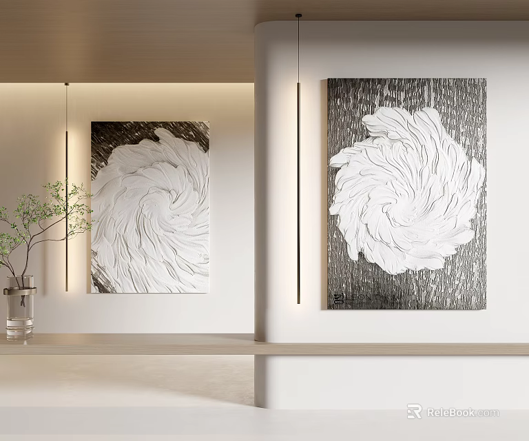 Modern Interior Decor With White Spiral Pattern Paintings And Green Plant Vase 3d model