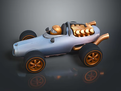 Vintage Open Top Silver Car with Gold Engine Parts and Large Wheels 3d model
