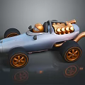 Vintage Open Top Silver Car with Gold Engine Parts and Large Wheels