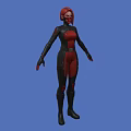 Woman in Red and Black Bodysuit With Red Hair and Mask Against Blue Background