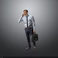 Businessman Talking on Phone in Light Blue Shirt Holding Gray Briefcase Against Gray Background