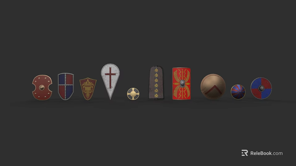 Different Weapon Shields with Various Medieval Designs Arranged in a Row 3d model 