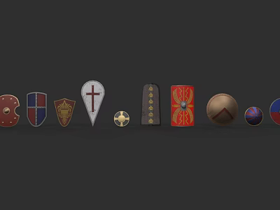 Different Weapon Shields with Various Medieval Designs Arranged in a Row 3d model