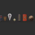 Different Weapon Shields with Various Medieval Designs Arranged in a Row