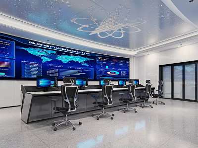 Modern Control Room With Multiple Monitors World Map Data Displays Control Desk And Ergonomic Chairs 3d model