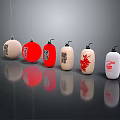 Hanging Red And White Chinese Lanterns With Character And Floral Patterns