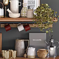 Stylish Kitchenware Display On Wooden Shelves With Bowls Mugs Teapot Plates And Decorative Plant
