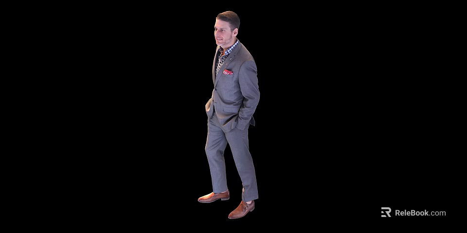 Man in Gray Suit Standing Sideways with Hands in Pockets on Black Background 3d model 