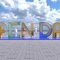 Colorful Open Day Art Installation with 3D Letters Outdoor Blue Sky White Clouds People Interaction