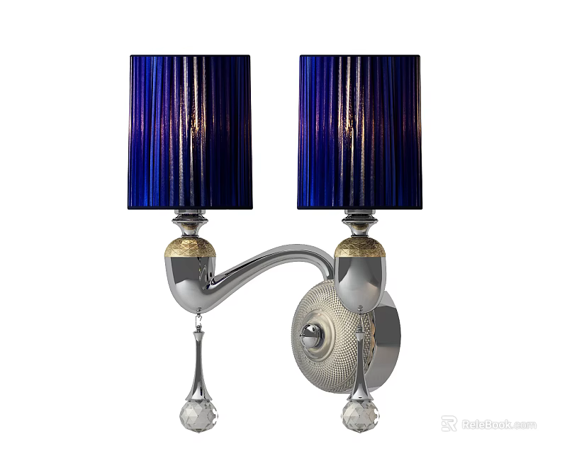 Elegant Double Shade Wall Lamp With Blue Striped Fabric And Crystal Pendants 3d model 