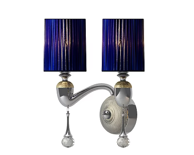 Elegant Double Shade Wall Lamp With Blue Striped Fabric And Crystal Pendants 3d model