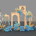 Photo Spot With Circular Heart Shaped Decorations Blue Gold Flowers And Welcome Home Logo