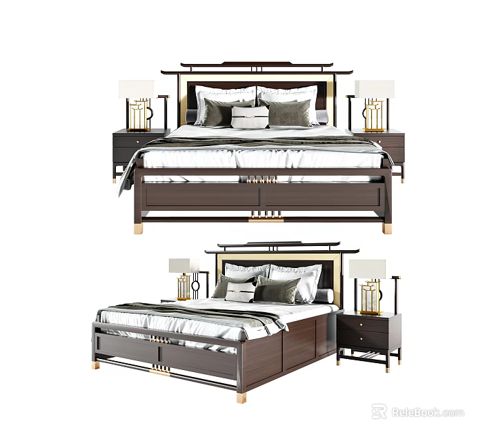 Modern Double Bed With Bedside Tables Table Lamps And Decorative Pillows 3d model