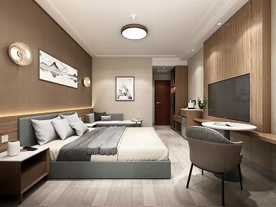 Hotel Guest Room With Comfortable Bed Nightstand TV Wooden Walls Decorative Paintings And Desk Chair 3d model