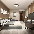 Hotel Guest Room With Comfortable Bed Nightstand TV Wooden Walls Decorative Paintings And Desk Chair