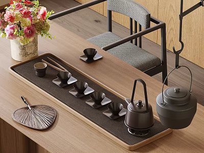 Classic Teaset with Teapots Teacups on Wooden Tray Flower Vase and Fan 3d model