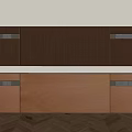 Wooden And Light Brown Background Wall Featuring Two Rows Cabinets With Metal Handles