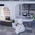 Modern Coffee Shop Exterior With White Bear Statue Outdoor Seating And Green Plants