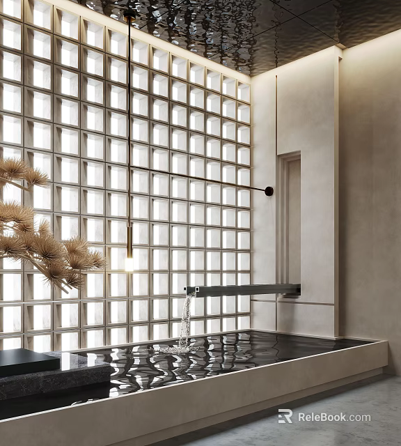 Indoor Landscape Featuring Glass Block Wall Flowing Water Metal Faucet And Dried Pine Decoration 3d model 