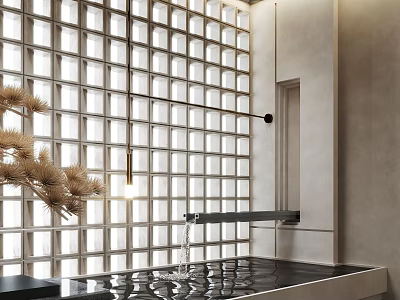 Indoor Landscape Featuring Glass Block Wall Flowing Water Metal Faucet And Dried Pine Decoration 3d model