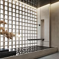 Indoor Landscape Featuring Glass Block Wall Flowing Water Metal Faucet And Dried Pine Decoration