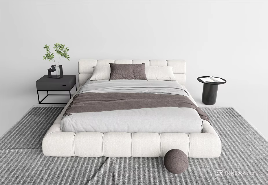 Minimalist Double Bed Design With White Headboard Grey Bedding And Black Side Tables 3d model