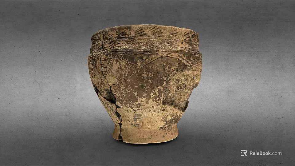 Antique Cracked Ceramic Jar With Intricate Carved Patterns And Worn Texture 3d model 