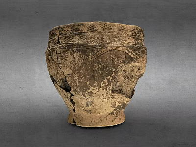 Antique Cracked Ceramic Jar With Intricate Carved Patterns And Worn Texture 3d model